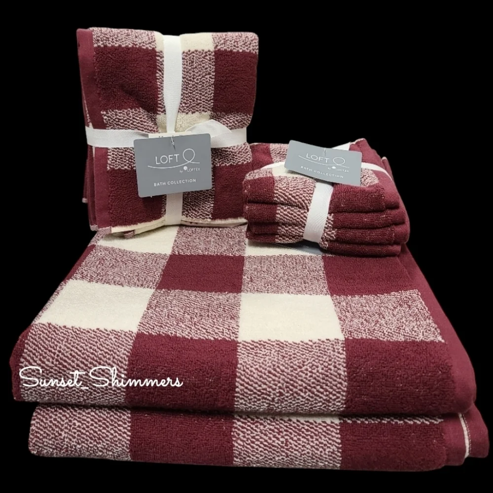 8pc Loft Christmas Farmhouse Buffalo Check Bath Hand Washcloth Towel Set NEW - Picture 6 of 7